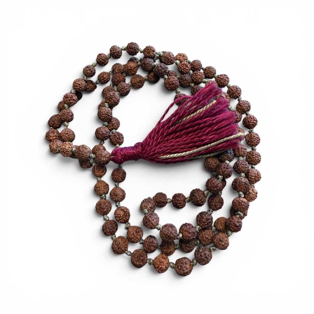 Rudraksha Seed Mala Necklace Brown Magenta Tassel Meditation Prayer Beads Boho